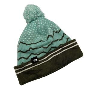 North Face Womens Knit Pom Beanie Patterned Blue Green OSFM